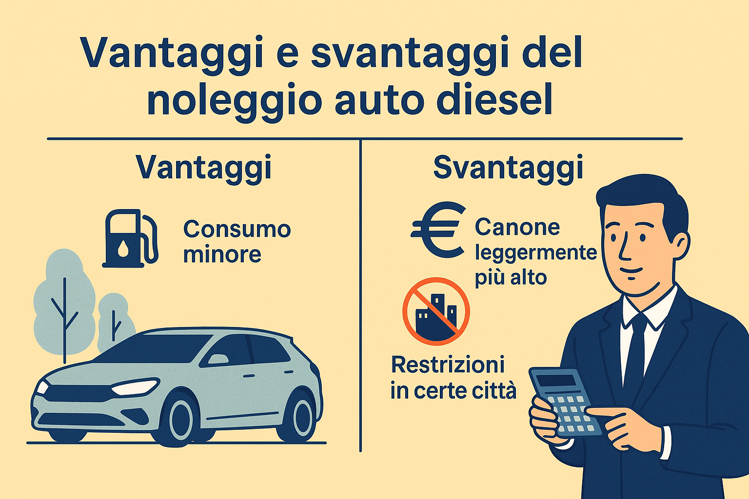 Infografica flat sui pro e contro del noleggio auto diesel, con uomo con calcolatrice, simboli di risparmio carburante, canone più alto e limiti di circolazione.