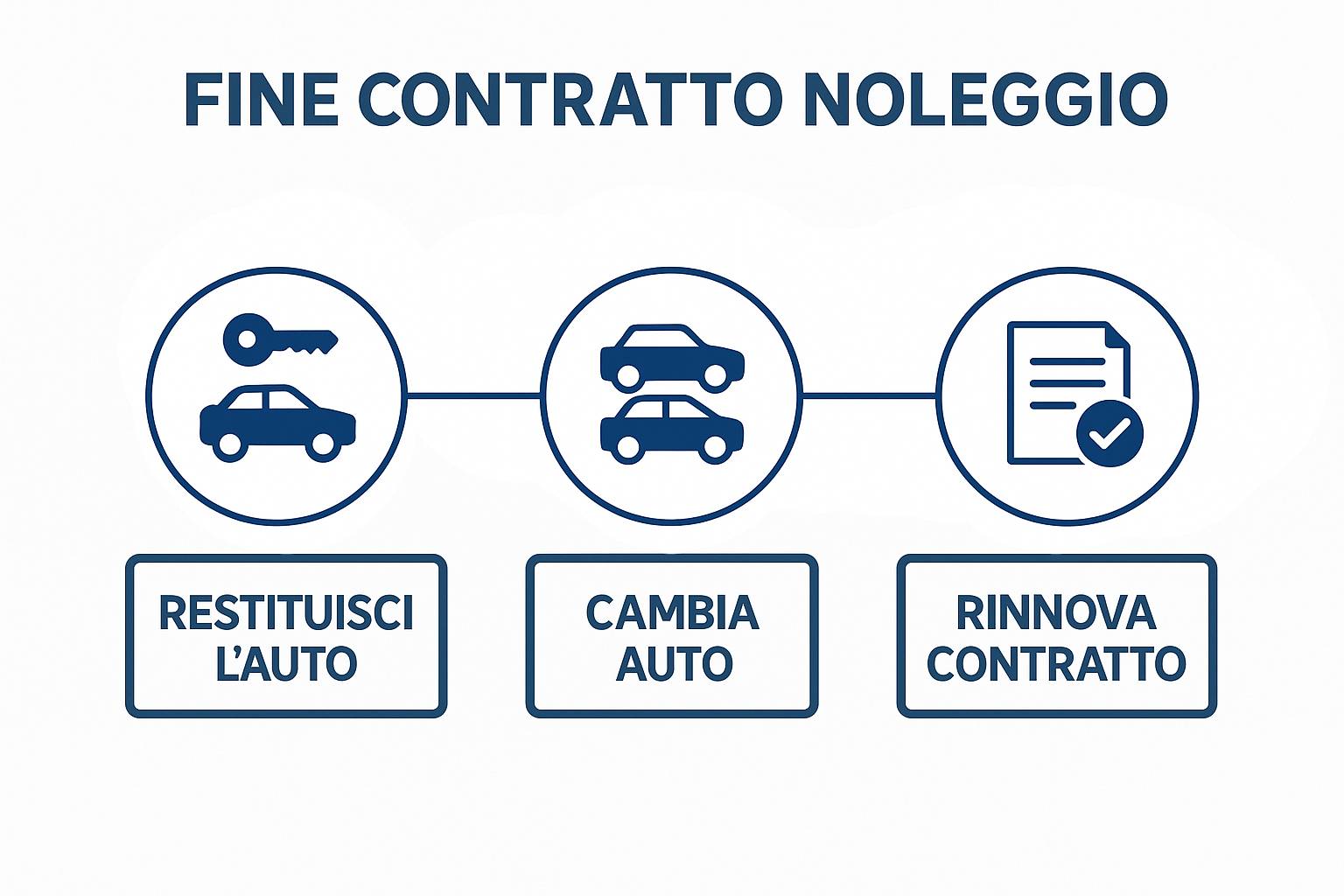 Infografica che mostra le diverse opzioni disponibili alla fine del contratto di noleggio lungo termine, come restituzione, rinnovo o cambio veicolo.