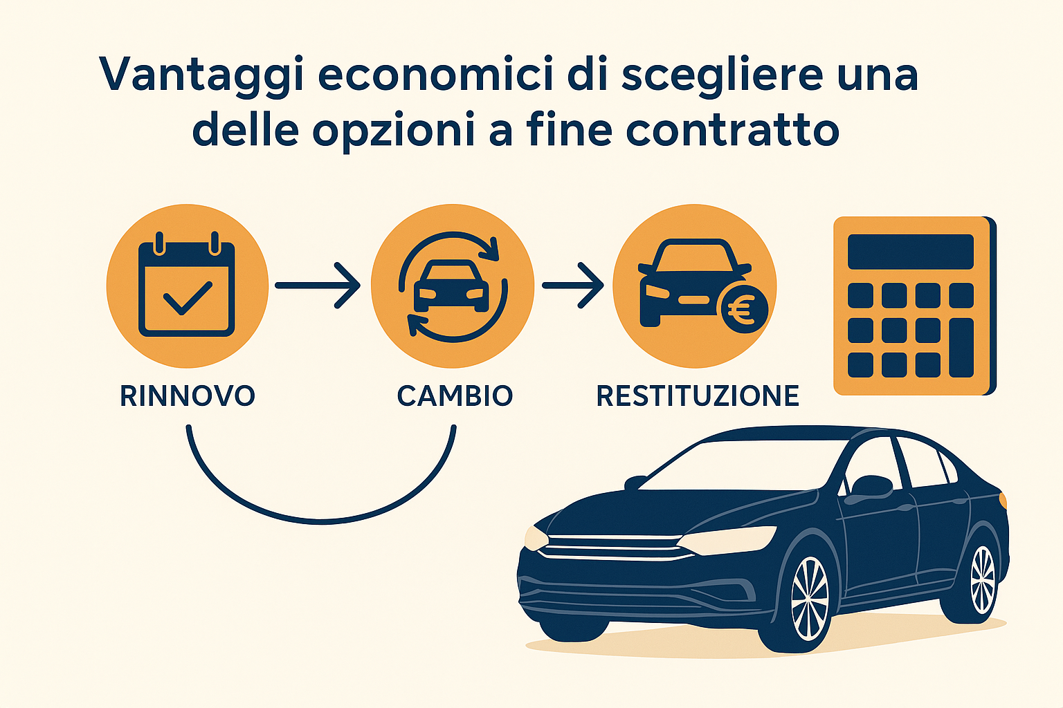 Illustrazione flat italiana che evidenzia i vantaggi economici del fine contratto nel noleggio a lungo termine, con grafici e simboli di risparmio, in stile blu e bianco.