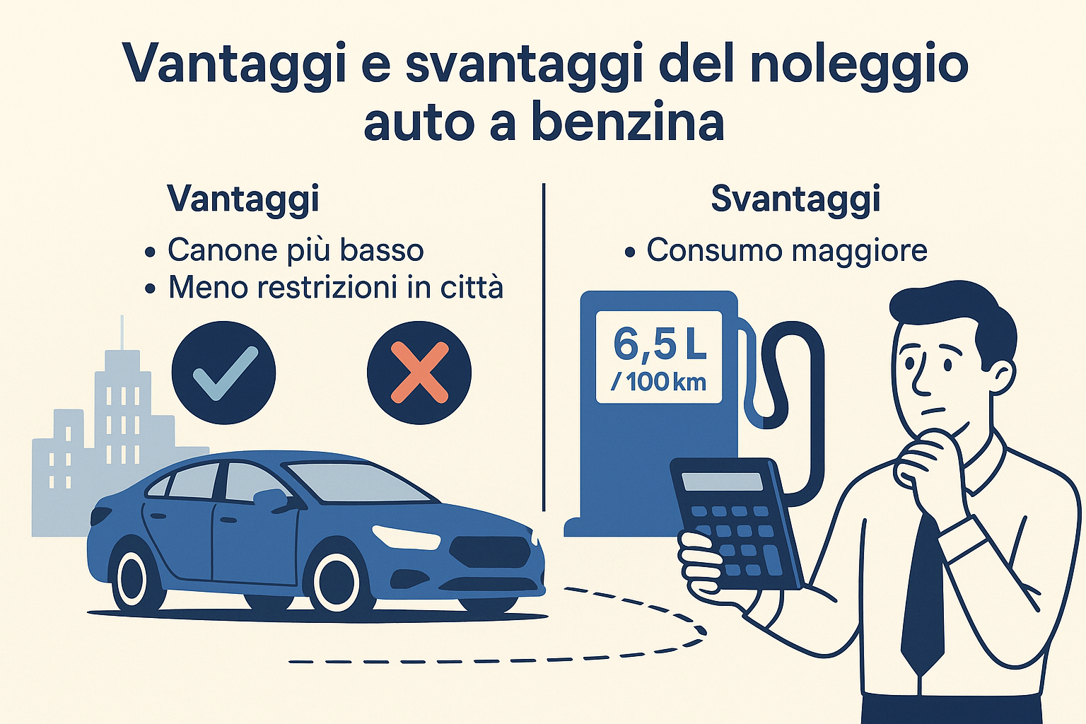 Infografica flat sui vantaggi e svantaggi del noleggio auto a benzina, con uomo che calcola risparmi, icone di costi più bassi e consumi di carburante.