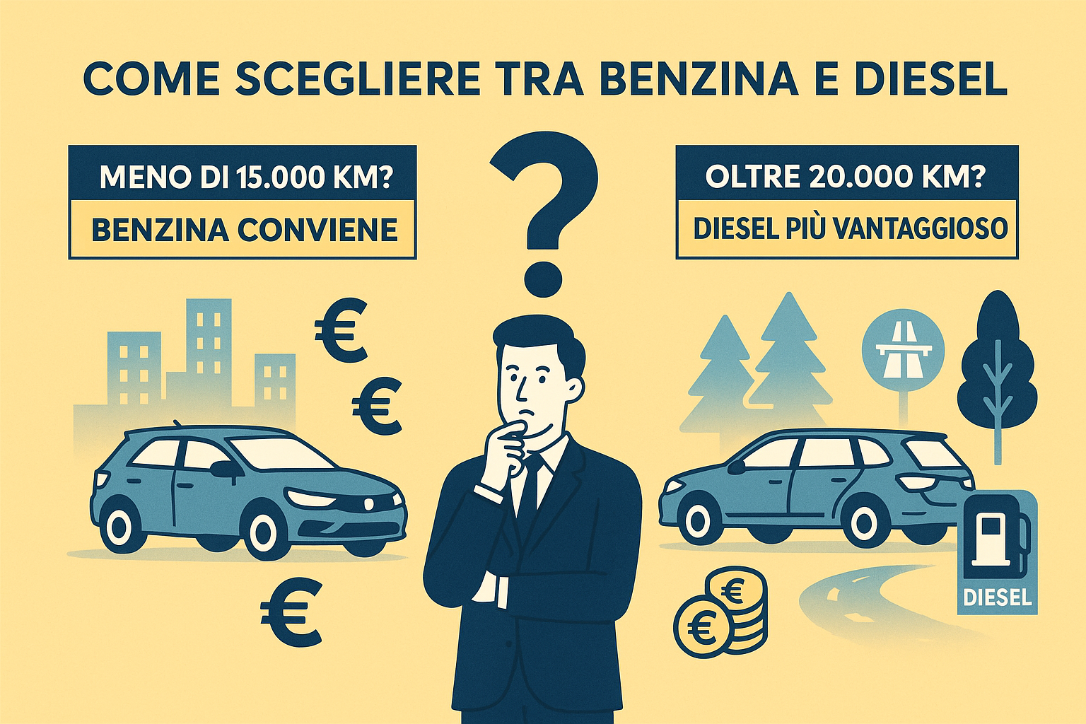Illustrazione flat che rappresenta la scelta tra noleggio auto benzina o diesel, con icone di città, extraurbano, veicoli diversi e valutazioni sui costi.