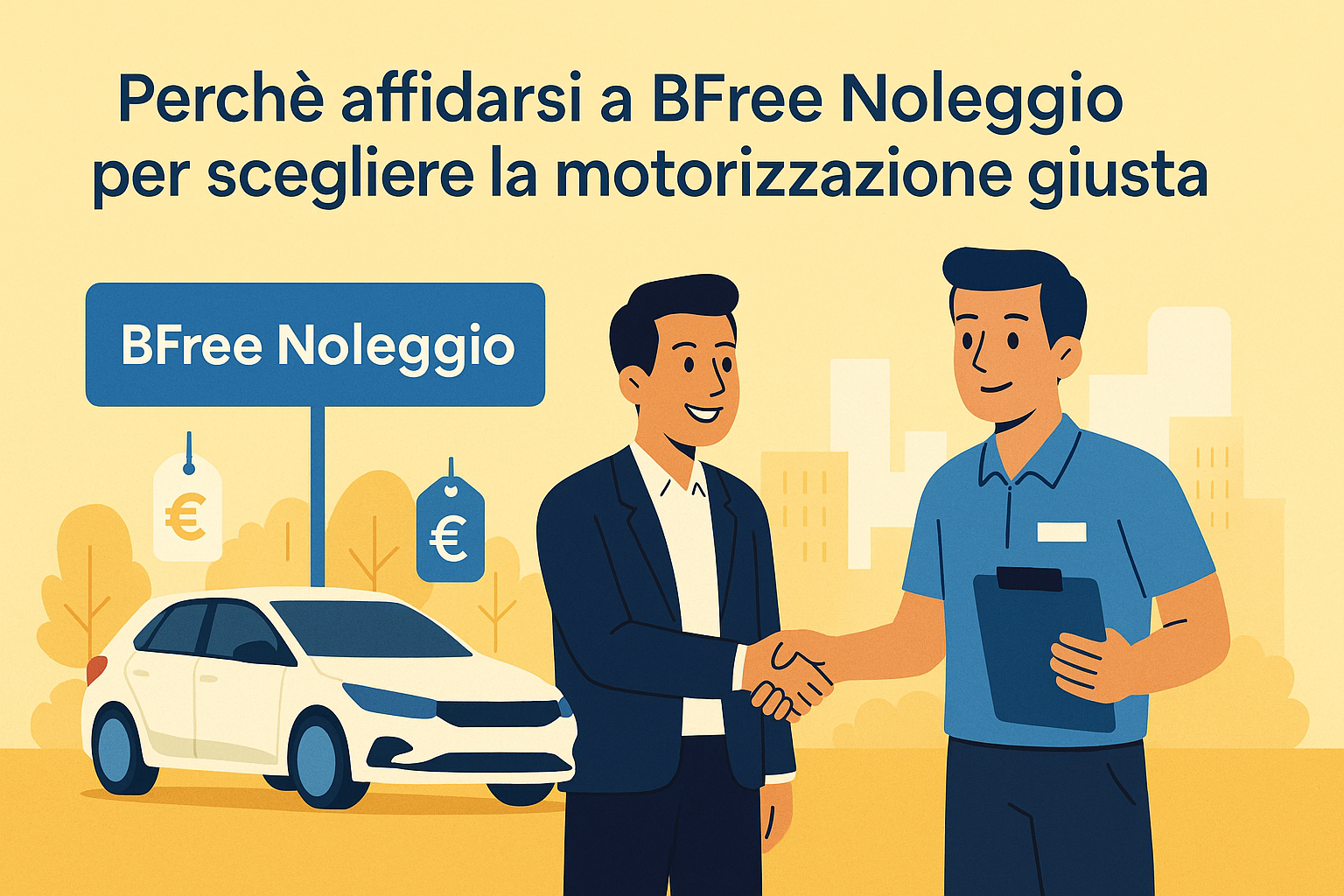 Grafica flat che mostra un consulente BFree Noleggio che offre consigli sul noleggio auto benzina o diesel, simbolo di fiducia e servizio personalizzato a Padova.