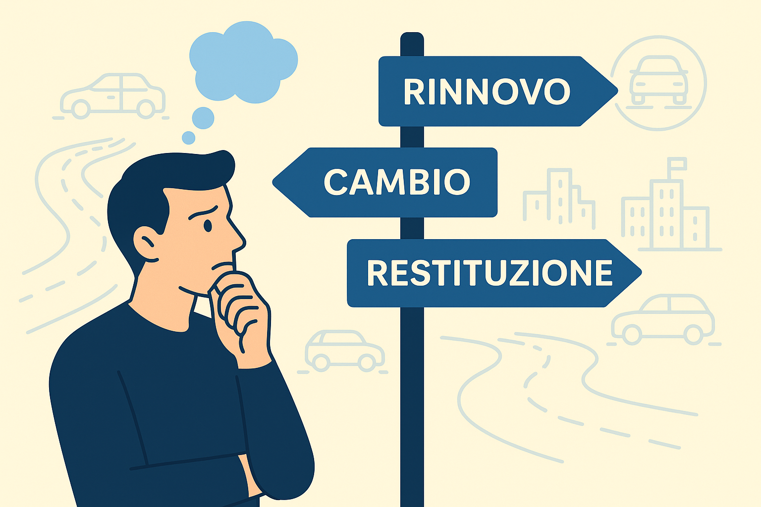 Illustrazione flat in italiano di una persona pensierosa davanti a cartelli con indicazioni Rinnovo, Cambio Auto e Restituzione, su sfondo giallino, simbolo di scelta nel noleggio lungo termine.