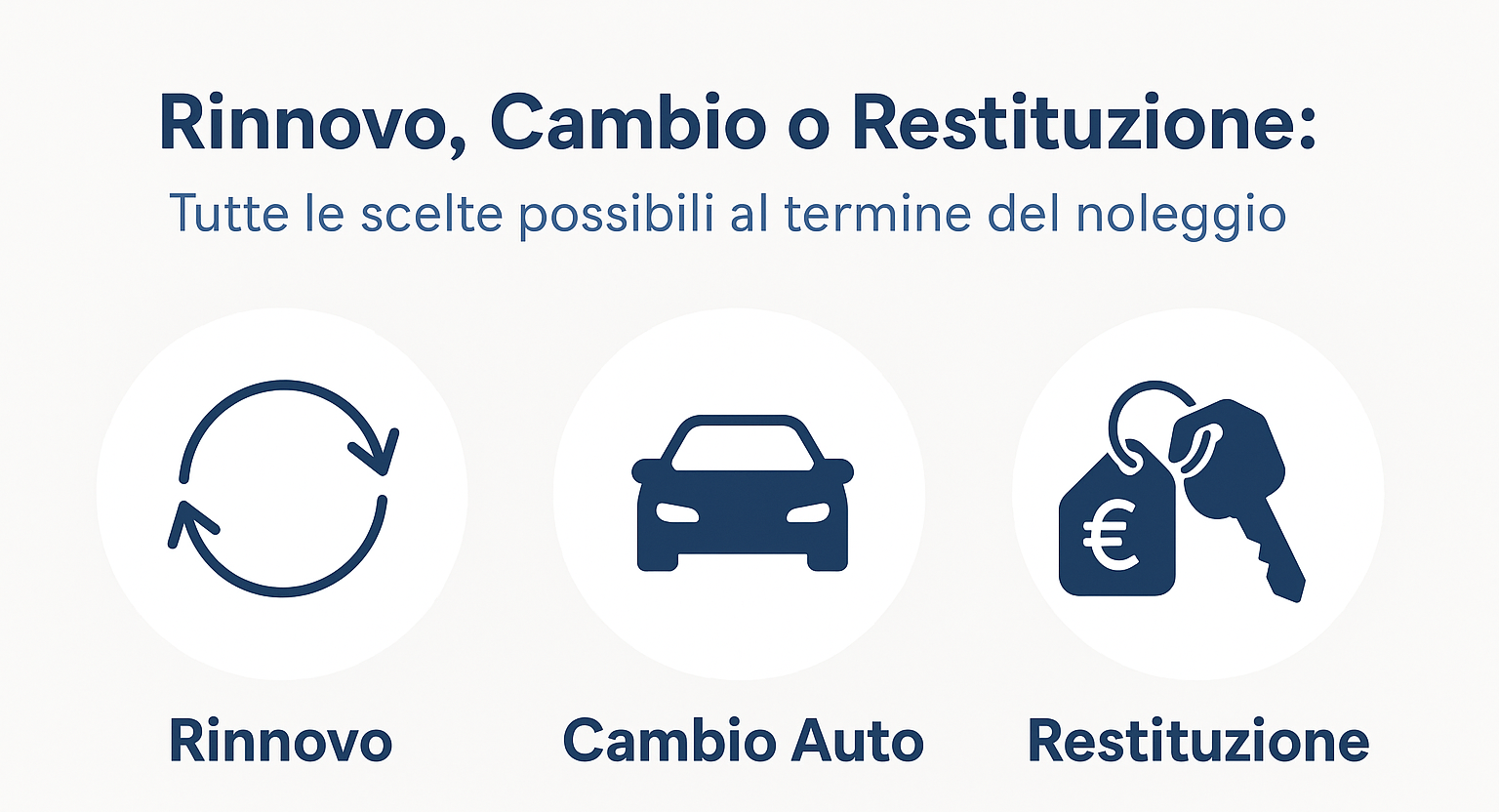Infografica flat in italiano che mostra tre opzioni al termine del noleggio auto a lungo termine: Rinnovo, Cambio Auto e Restituzione, con icone blu su sfondo giallino.
