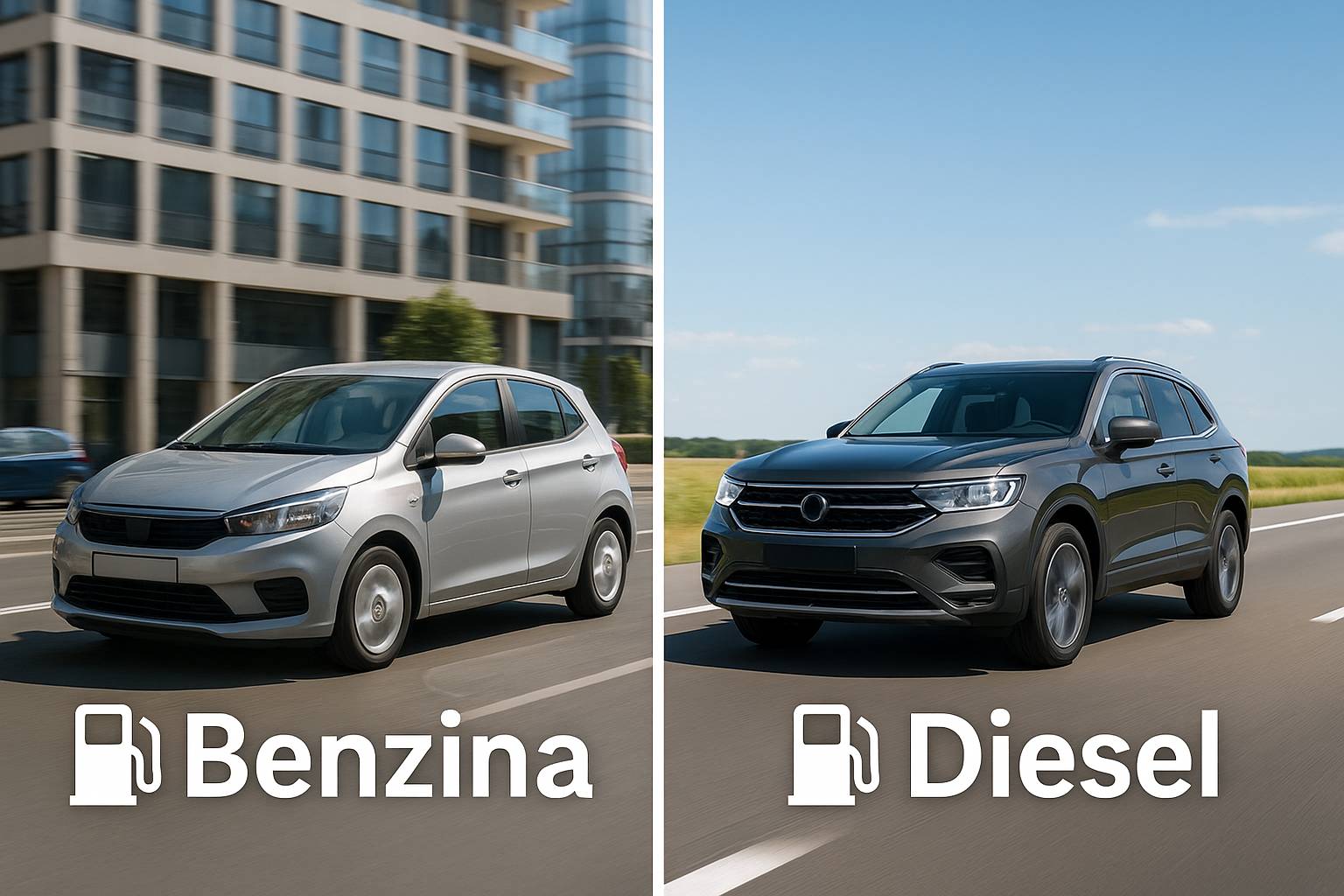 Confronto visivo tra auto benzina e diesel nel noleggio lungo termine, per aiutare a scegliere la motorizzazione più conveniente in base alle proprie esigenze.