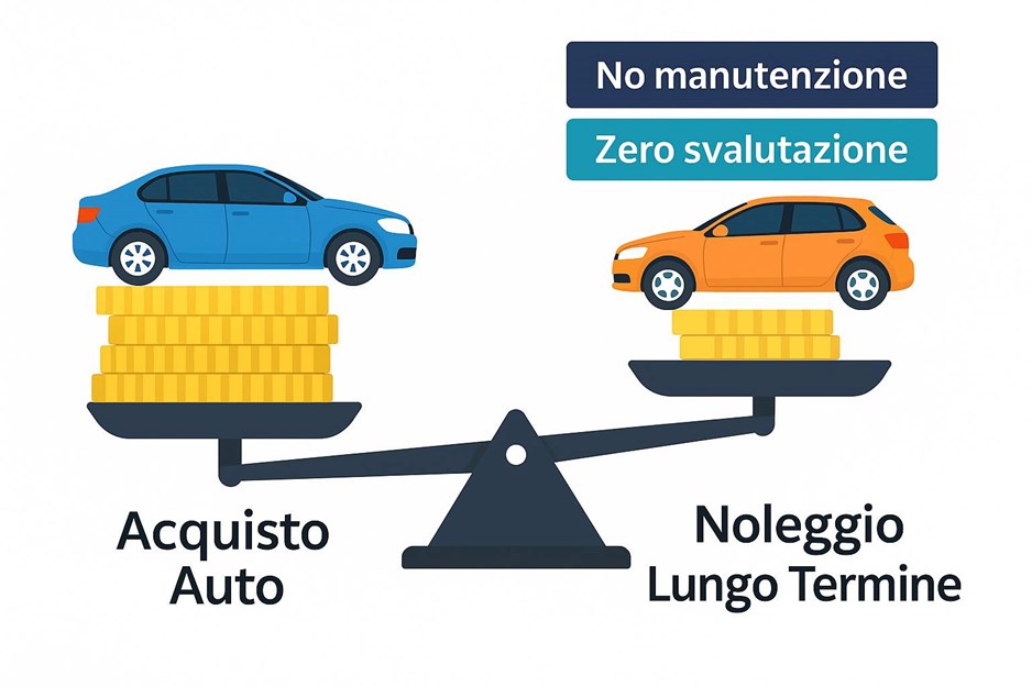Grafico che confronta i costi tra noleggio lungo termine e acquisto di un'auto, evidenziando i risparmi del canone mensile rispetto alle spese di acquisto.